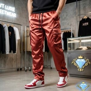 Shein Men’s Red Metallic Satin Straight Leg Cargo Pants Small Streetwear